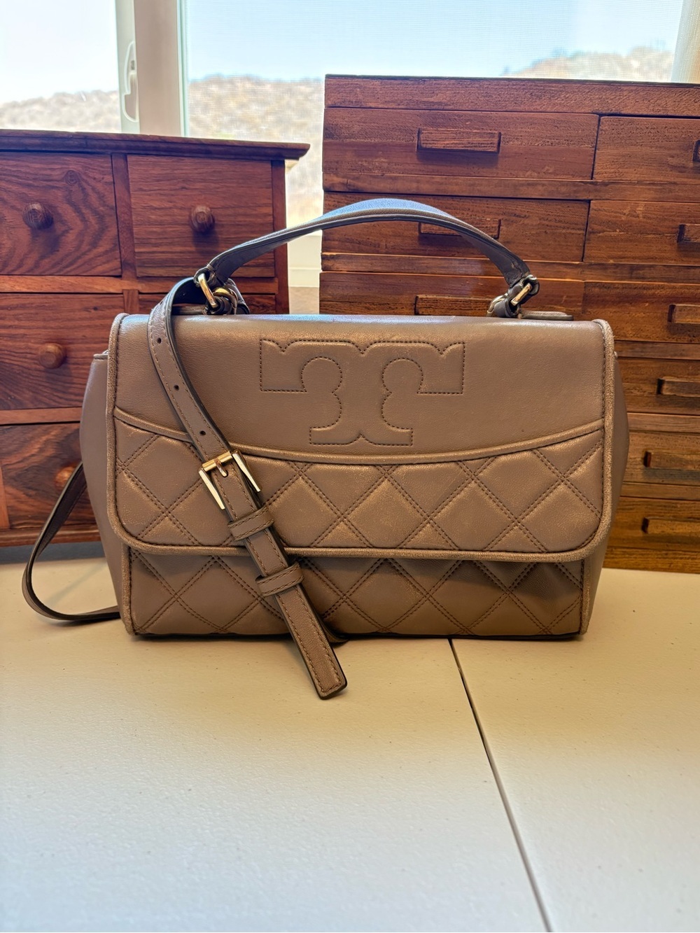 Tory Burch Savannah Top Handle Bag taupe crossbody purse